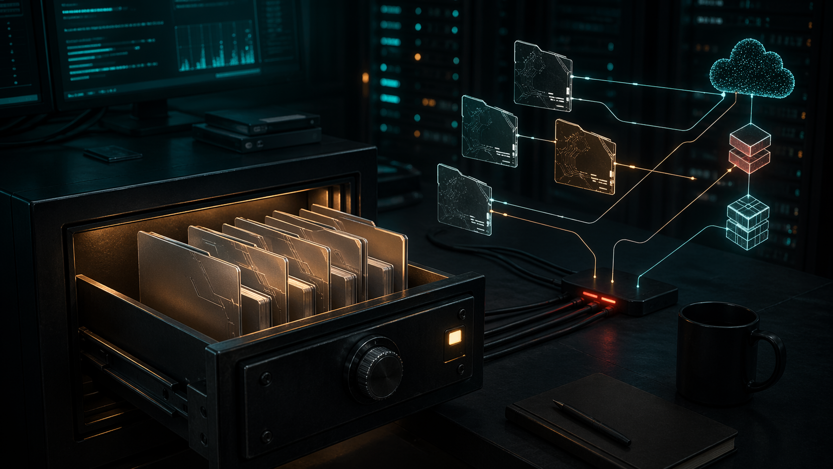 Agent configuration files stored in a vault drawer with abstract connections to cloud and CI systems.