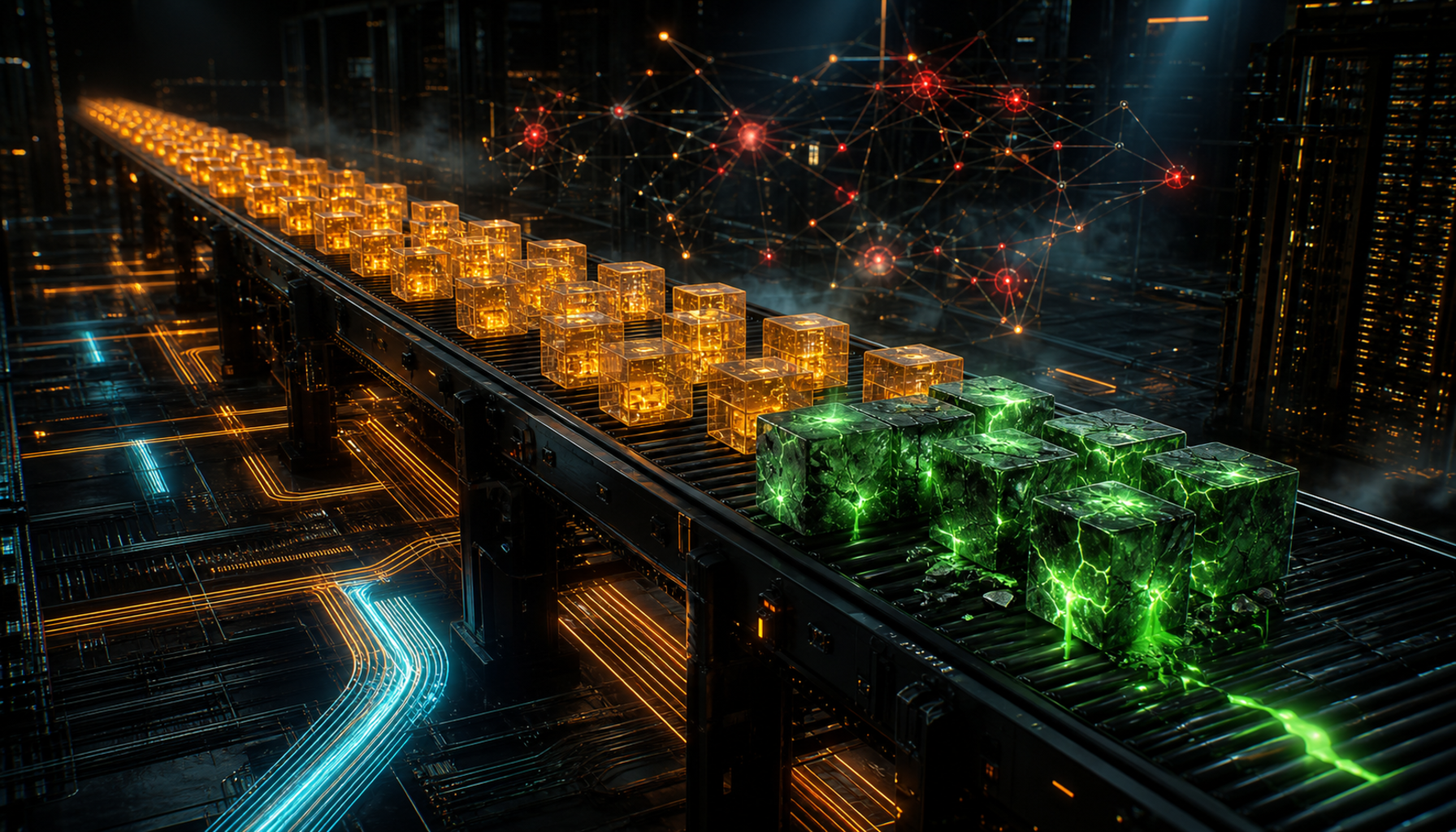 Dark cyberpunk-styled illustration of a conveyor belt carrying glowing npm package cubes through a data center, with several cubes corrupted by toxic green light.