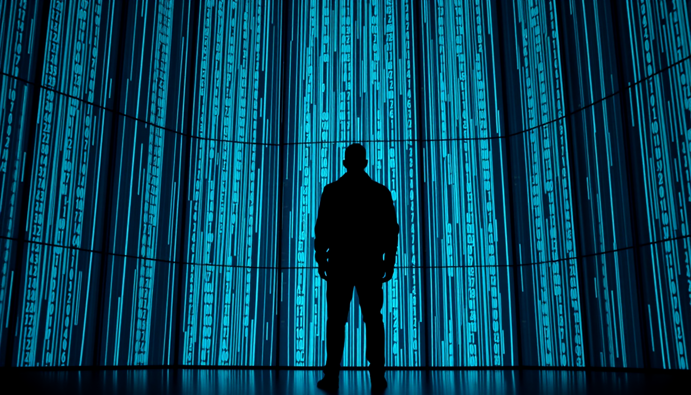 Silhouette of a figure from behind standing centered before a floor-to-ceiling wall of vertical cascading teal and cobalt data columns with abstract glyph blocks.