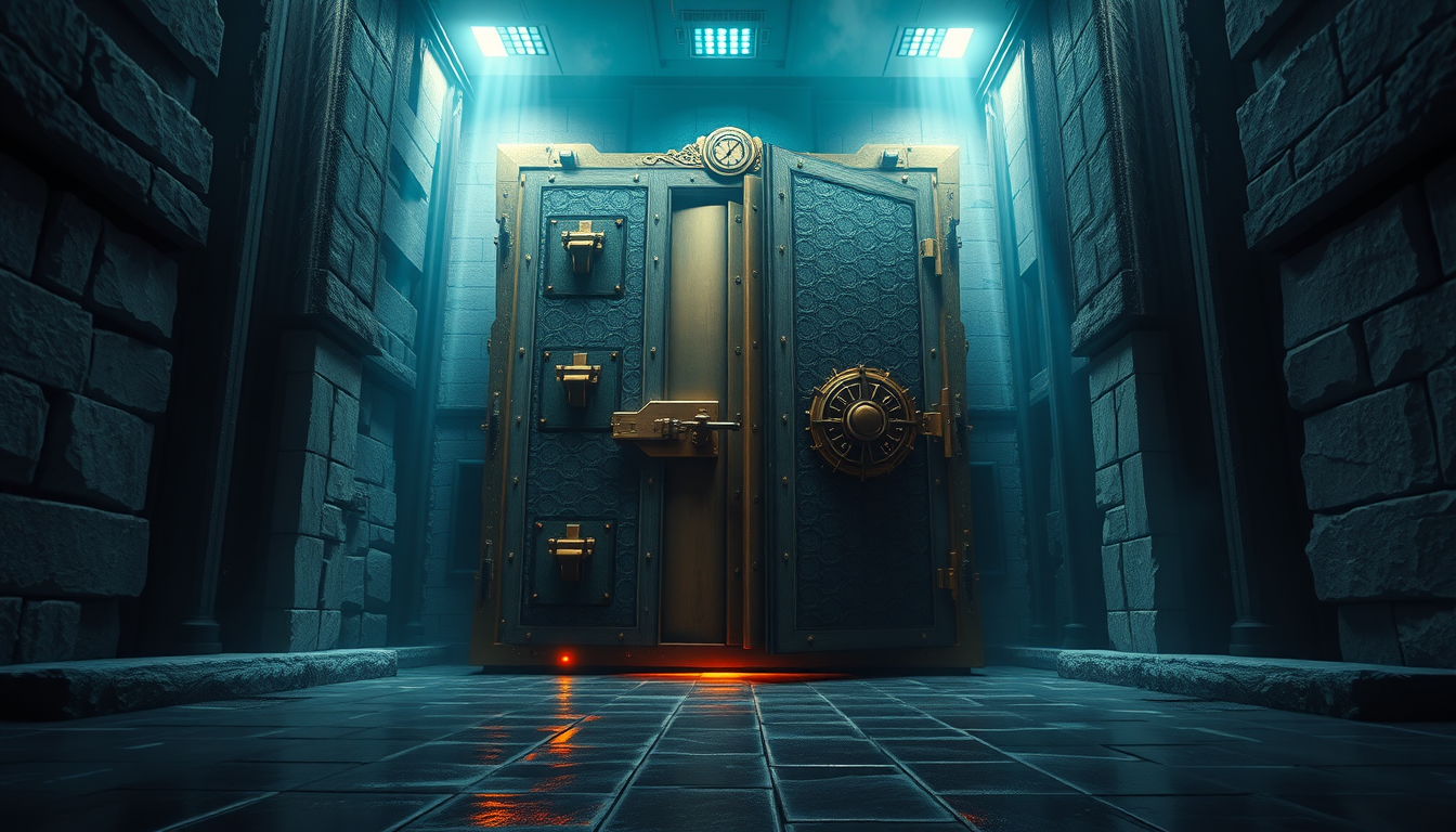 Low-angle hero shot of an ornate brass-and-steel vault door in a cold stone corridor, combination dial and three deadbolts, red light leaking under the seam, teal overhead wash.