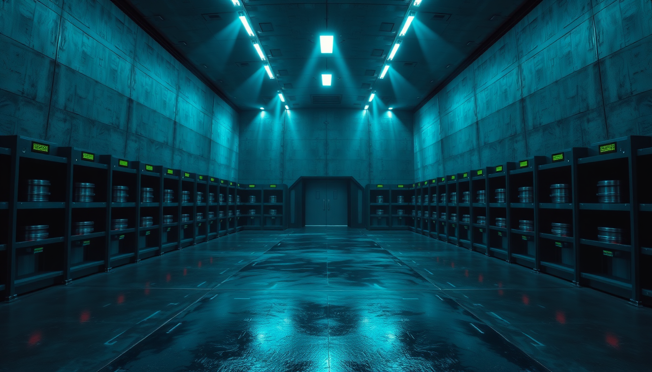 A symmetrical cyberpunk vault corridor: two walls of sealed steel lockers flanking a wet reflective concrete floor, teal spotlights from the ceiling, a single sealed door at the far vanishing point.