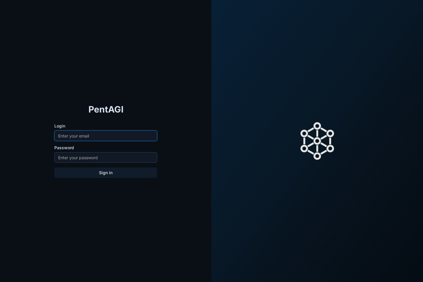 PentAGI login page shown in dark mode.